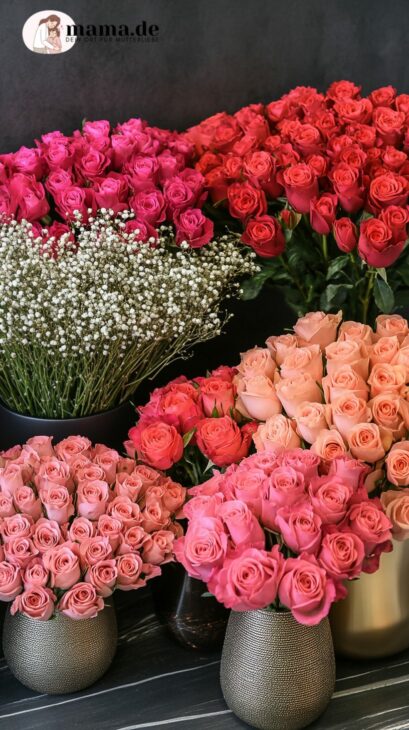 Elegante Blumenarrangements mit Rosen und Schleierkraut