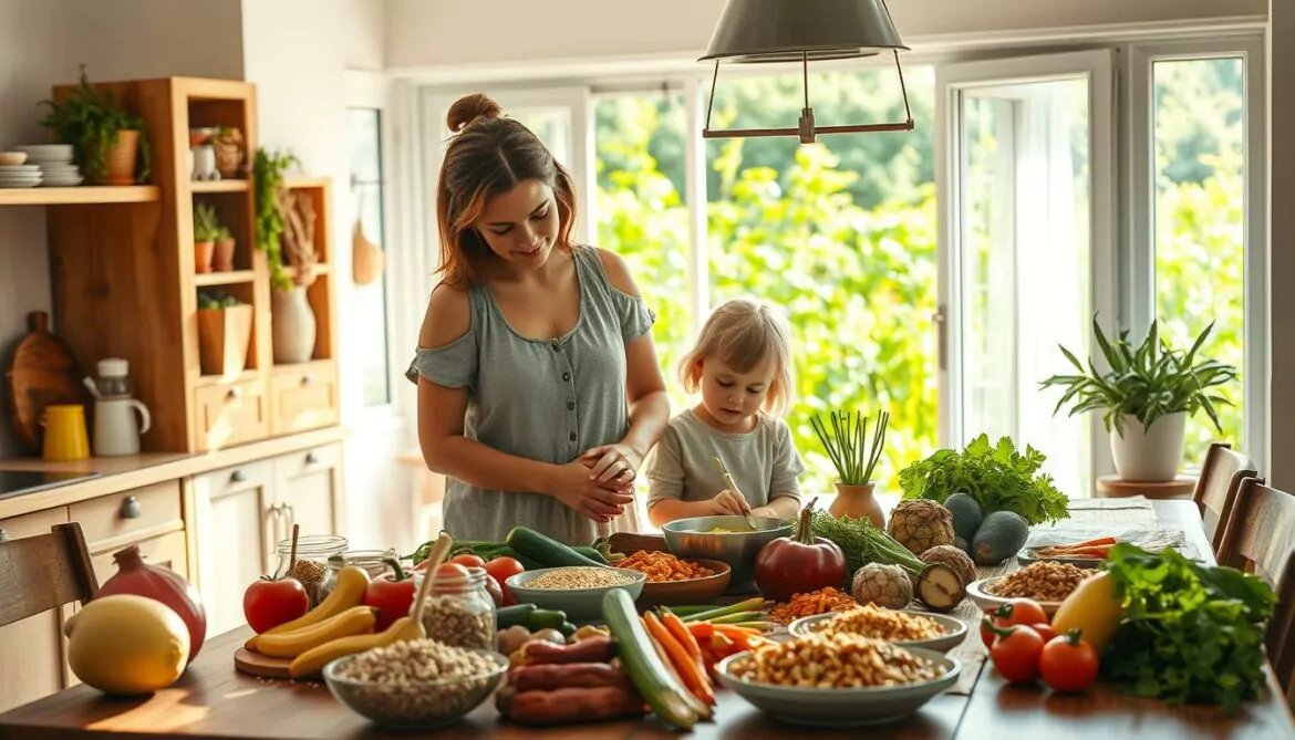 A sun-dappled kitchen table, adorned with a vibrant array of locally sourced ingredients - fresh produce, hearty whole grains, and an assortment of wholesome snacks. A mother and her young child stand together, their hands intertwined as they prepare a nourishing regional dish, the soft light casting warm shadows across their faces. In the background, an expansive window offers a glimpse of a lush, verdant garden, hinting at the connection between the food on the table and the land from which it was harvested. The scene exudes a sense of rustic simplicity, tranquility, and the joy of mindful, healthy eating. A sun-dappled kitchen table, adorned with a vibrant array of locally sourced ingredients - fresh produce, hearty whole grains, and an assortment of wholesome snacks. A mother and her young child stand together, their hands intertwined as they prepare a nourishing regional dish, the soft light casting warm shadows across their faces. In the background, an expansive window offers a glimpse of a lush, verdant garden, hinting at the connection between the food on the table and the land from which it was harvested. The scene exudes a sense of rustic simplicity, tranquility, and the joy of mindful, healthy eating.