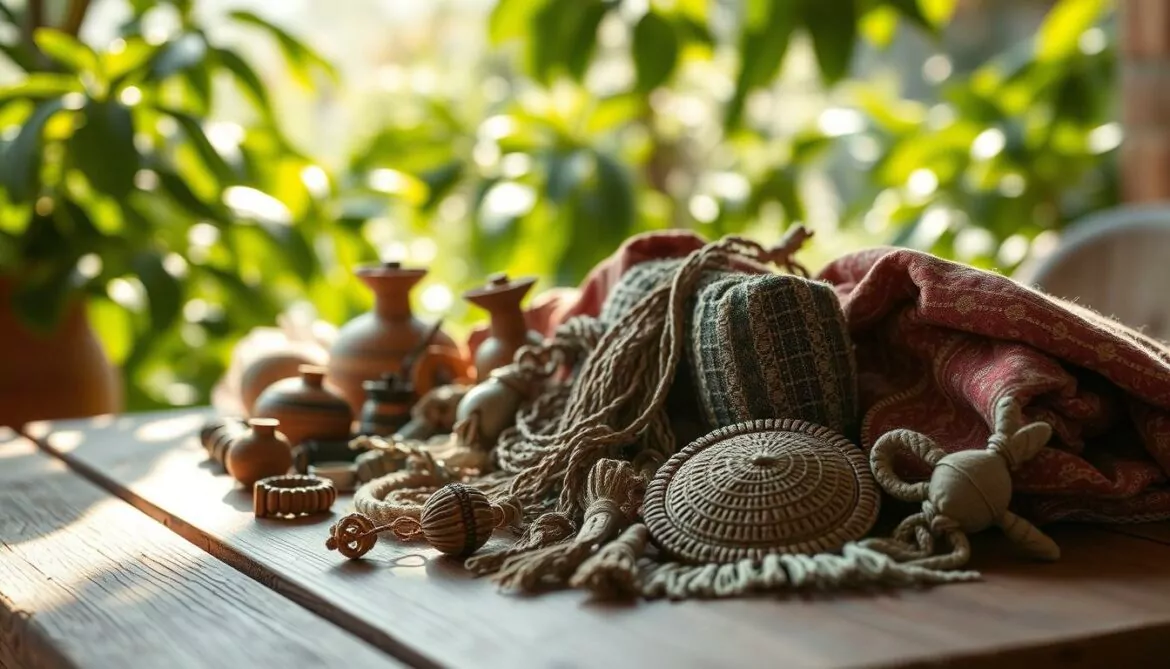 Photorealistic scene of a family's sustainable vacation souvenirs in 2025. A wooden table showcases a collection of locally-crafted trinkets and textiles, each with intricate patterns and textures. In the background, verdant foliage frames the scene, hinting at the natural surroundings. Warm, natural lighting casts soft shadows, creating a sense of depth and authenticity. The overall composition emphasizes the tactile, handmade nature of the items, conveying a feeling of connection to the destination and its culture. Subtle imperfections in the materials add to the sense of realism and uniqueness of the sustainable keepsakes. Photorealistic scene of a family's sustainable vacation souvenirs in 2025. A wooden table showcases a collection of locally-crafted trinkets and textiles, each with intricate patterns and textures. In the background, verdant foliage frames the scene, hinting at the natural surroundings. Warm, natural lighting casts soft shadows, creating a sense of depth and authenticity. The overall composition emphasizes the tactile, handmade nature of the items, conveying a feeling of connection to the destination and its culture. Subtle imperfections in the materials add to the sense of realism and uniqueness of the sustainable keepsakes.